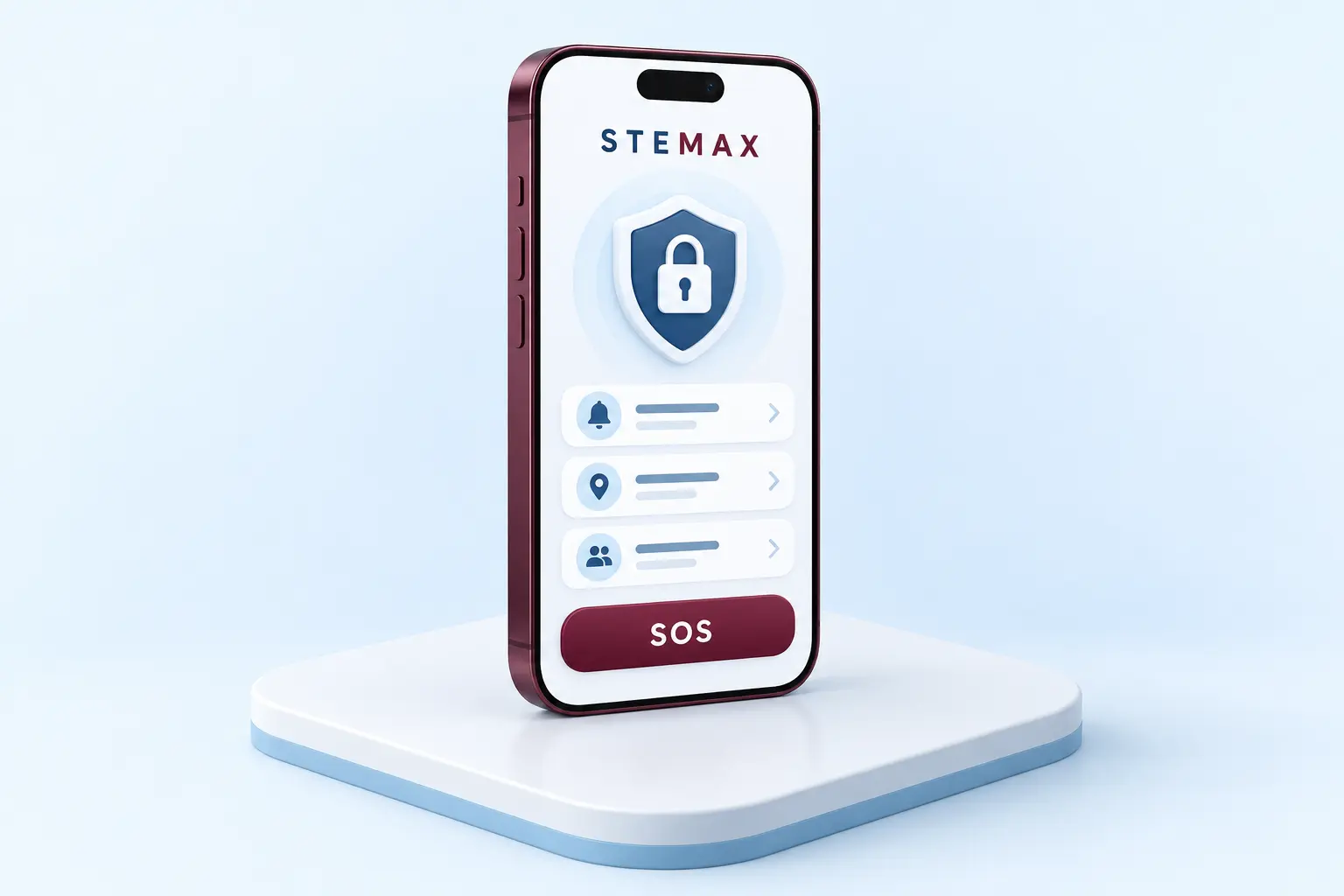 Бордовый смартфон с иллюстрацией приложения охраны STEMAX и кнопкой SOS